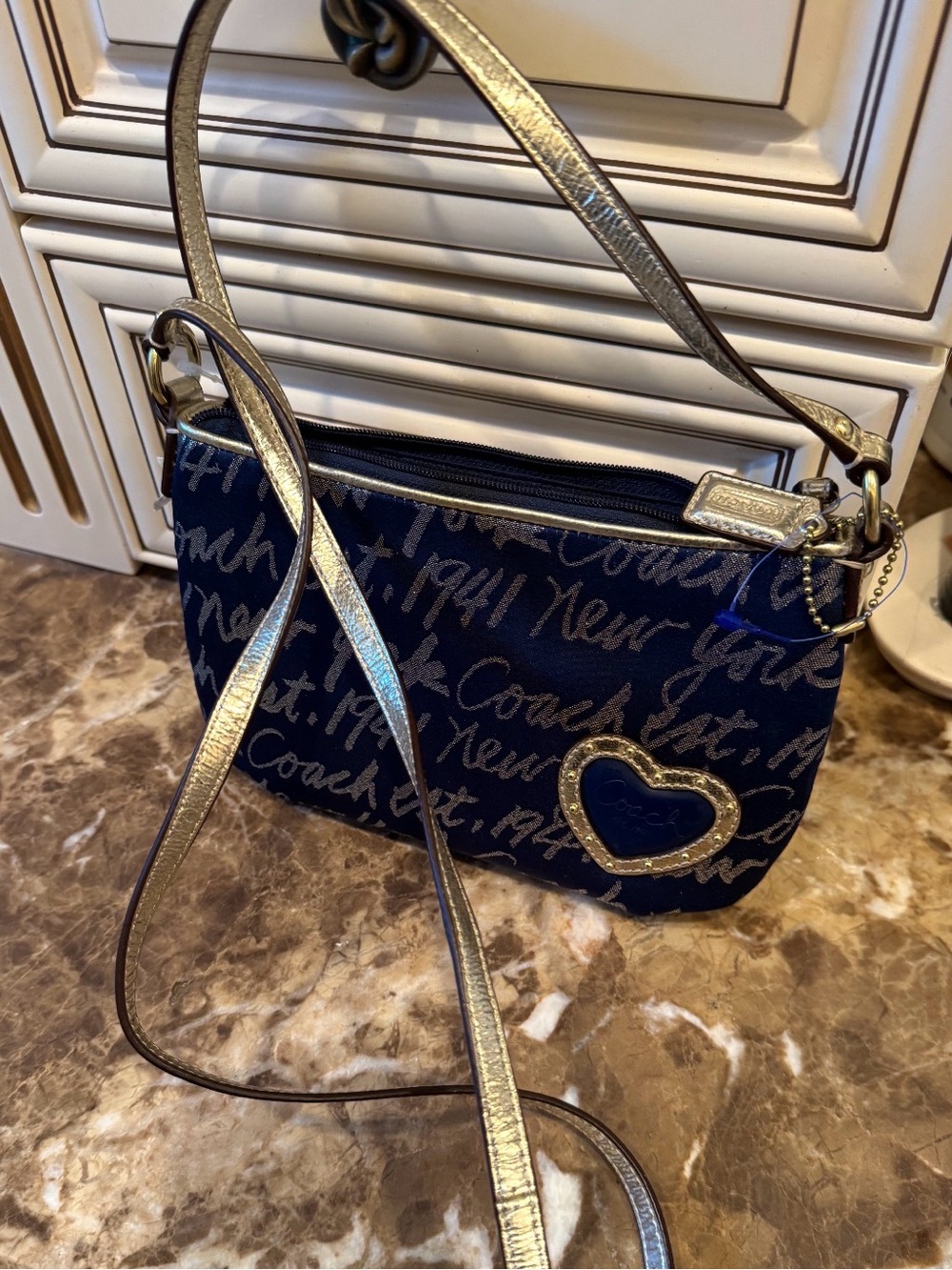 Coach Script Denim Navy Crossbody with Metallic Accents